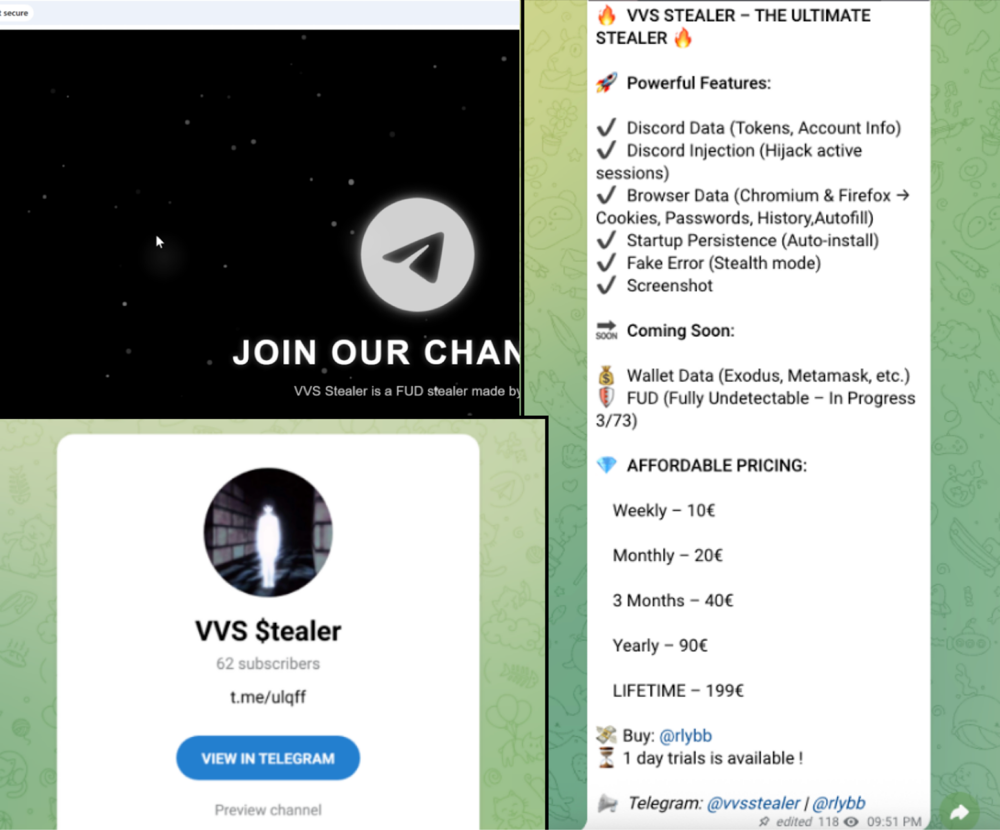 Collage de captures d'écran d'un ordinateur affichant des informations sur « VS Stealer sur Telegram », décrivant son utilisation comme outil de piratage, avec la liste des fonctionnalités et le détail des tarifs. Un lien de contact Telegram est également visible pour toute communication ultérieure.