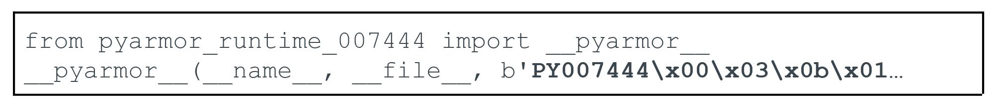 「pyarmor」というライブラリからのインポート文を含むPythonコードの1行を示すスクリーンショット。追加のテキストは隠されている。
