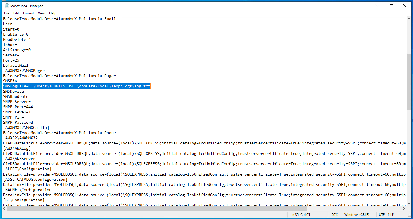 A screenshot of a Notepad window displaying a script or code. The text includes file paths, settings, and configurations. The file path "C:\Users\CLOSES~1\Workspace\task\Temp\deploylog.txt" is highlighted.