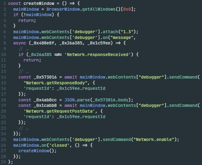 Capture d'écran de code logiciel dans un éditeur, affichant une fonction JavaScript liée au réseau.