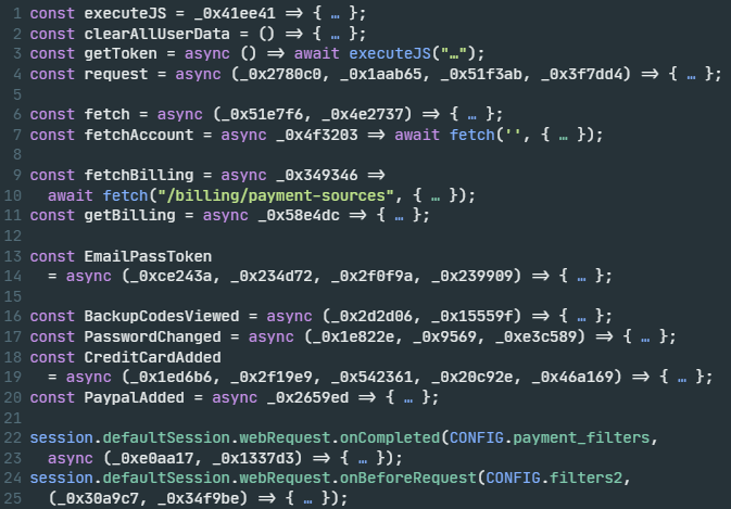Capture d'écran d'un éditeur de code informatique affichant plusieurs lignes de code JavaScript, impliquant des fonctions liées à la gestion des données utilisateur et aux requêtes API.
