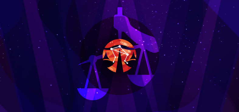 Pictorial representation of Muddled Libra, aka Scattered Spider. A vibrant illustration of the Libra zodiac sign, featuring a stylized balance scale overlaid with a prominent Libra symbol. The background is a starry night sky with shades of purple and blue, suggesting a cosmic theme.