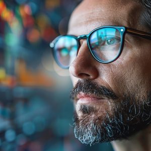 Pictorial representation of a man with glasses viewing a monitor of code.