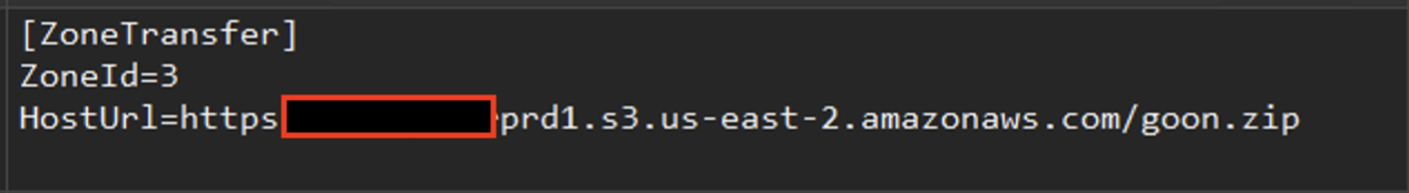 Screenshot of code related to ZoneTransfer, showing ZoneId equals 3 and a partially redacted HostUrl with an AWS link.