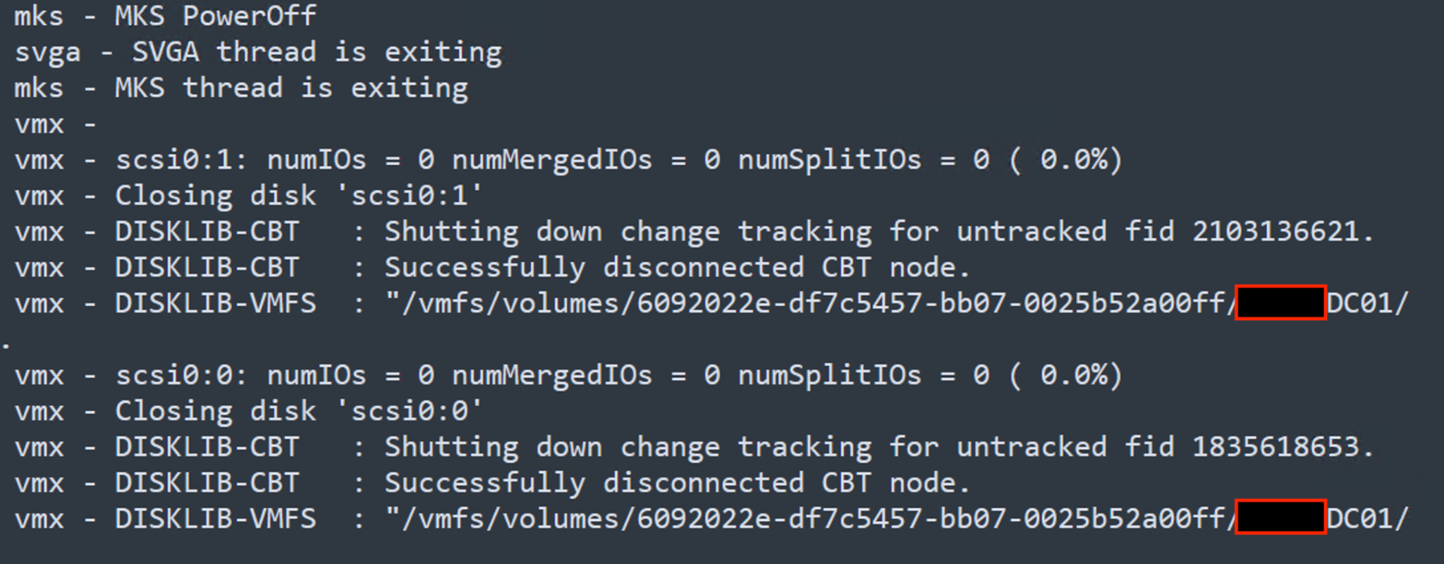 A screenshot of a virtual machine log file showing a sequence of events related to power off and disk operations. Some sensitive information is redacted.