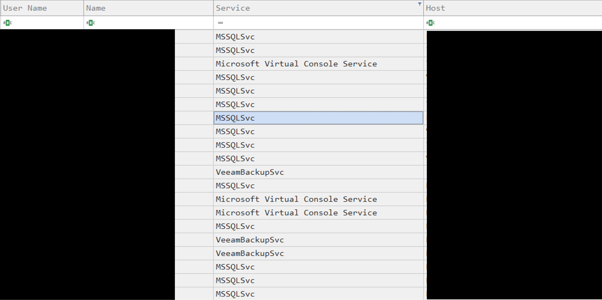 Table displaying columns labeled "User Name," "Name," "Service," and "Host." Multiple rows mention services like "MSSQLSvc," "Microsoft Virtual Console Service." 