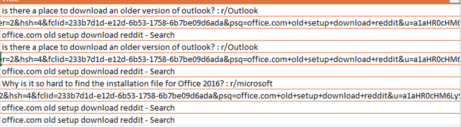 A computer screen displaying a list of search queries related to downloading older versions of Outlook and Office.com setup files. The queries mention search terms like "reddit" and "microsoft" and include parts of URLs with strings of letters and numbers.