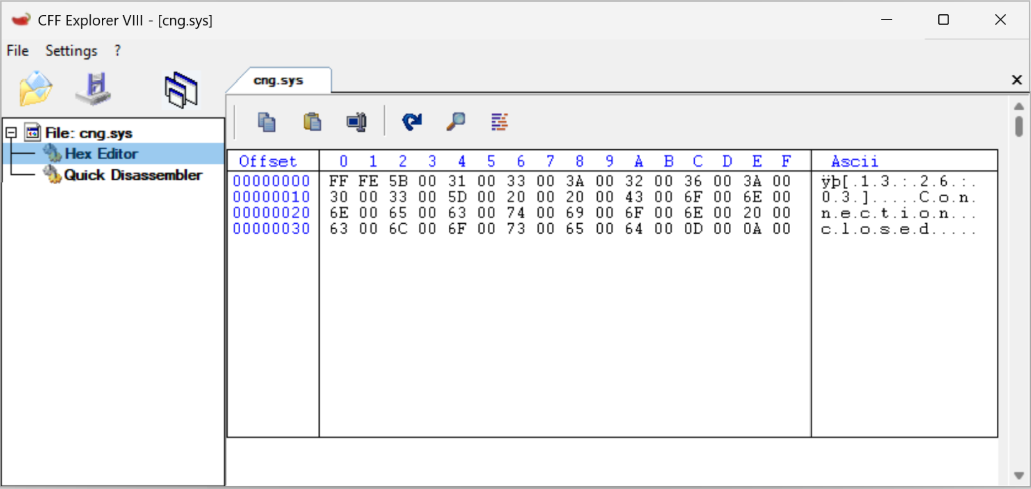 ファイル "cng.sys "のHex Editorタブを示すCFF Explorer VIIIソフトウェアのスクリーンショット。ウィンドウの左側に16進数、右側に対応するASCII文字が表示されます。