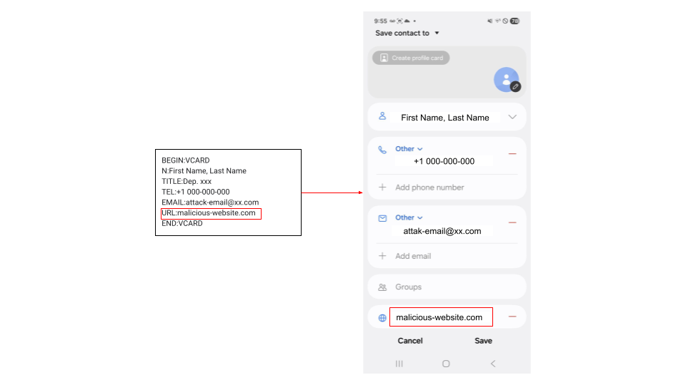 This image shows a comparison between a vCard file on the left and a contact entry on a smartphone on the right. The vCard includes fields like full name, title, phone number, email, and a website URL labeled as "malicious-website.com." The smartphone contact entry reflects the same details, highlighting the email as "attack-email@xx.com" and the website URL "malicious-website.com" in red. The interface resembles a typical smartphone contacts app.