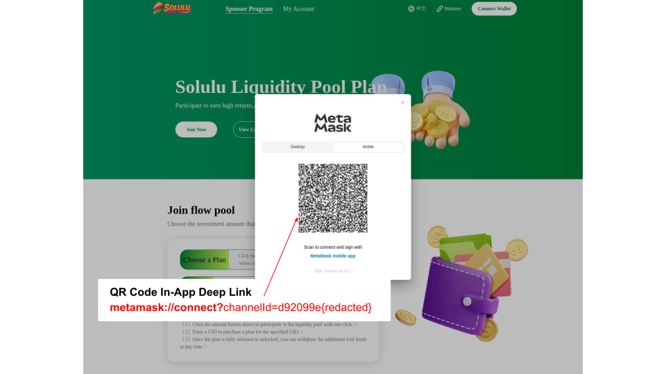 The image shows a webpage for "Solulu Liquidity Pool Plan" with a phishing QR code pop-up for connecting via MetaMask. There is an image of digital currencies and a colorful wallet icon with money and a credit card.