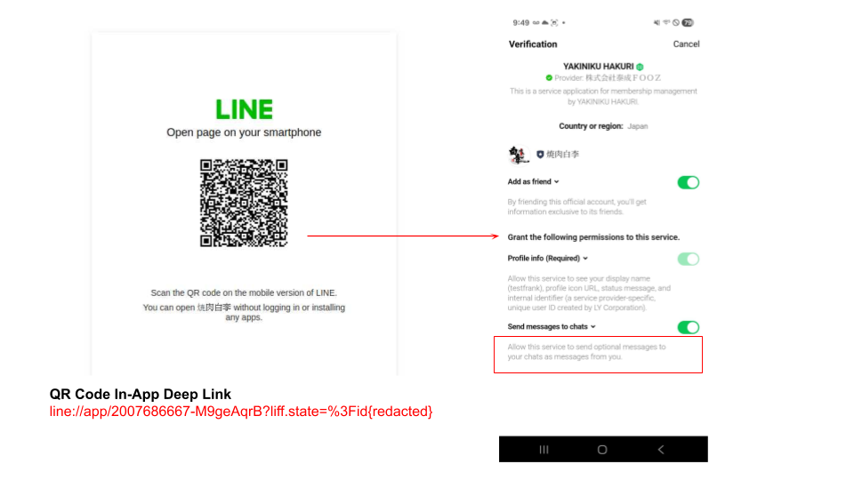QR code for the LINE app on the left. Directions to scan the code with the app are included below. On the right, a verification screen showing country or region as Japan, with several permission toggles.