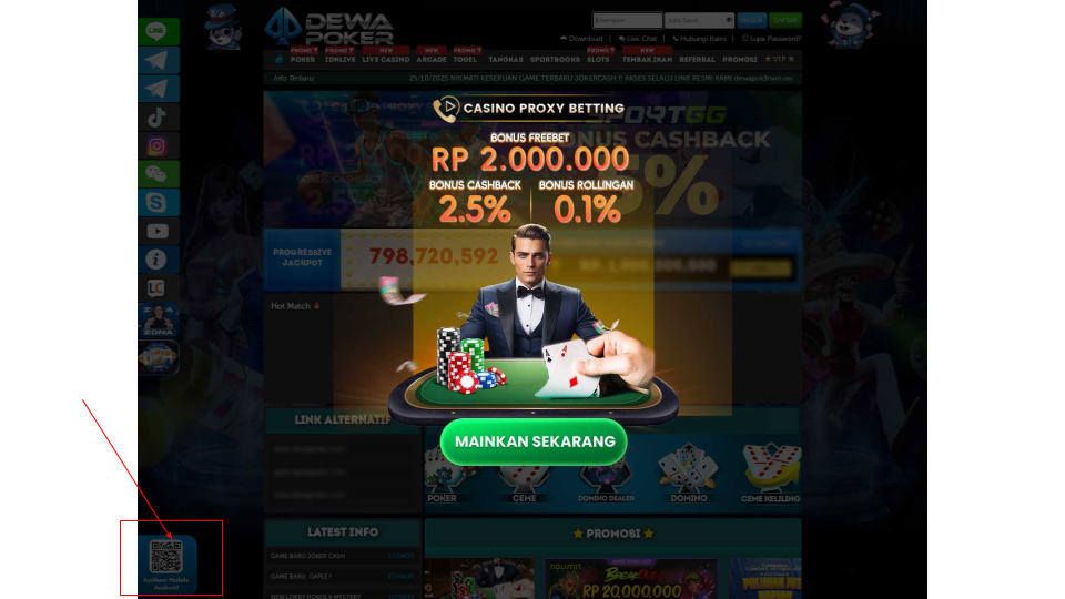 The image shows an online casino website interface featuring a central figure at a card table holding playing cards and poker chips. In the lower left corner a phishing QR code is highlighted. 