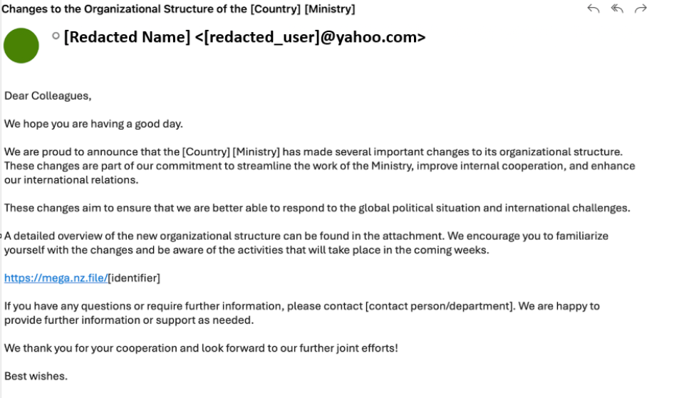 Phishing email screenshot, translated. Email announcing organizational changes at a government ministry, emphasizing improvements in global interaction and structure efficiency. Includes a link to detailed changes and an invitation for feedback.