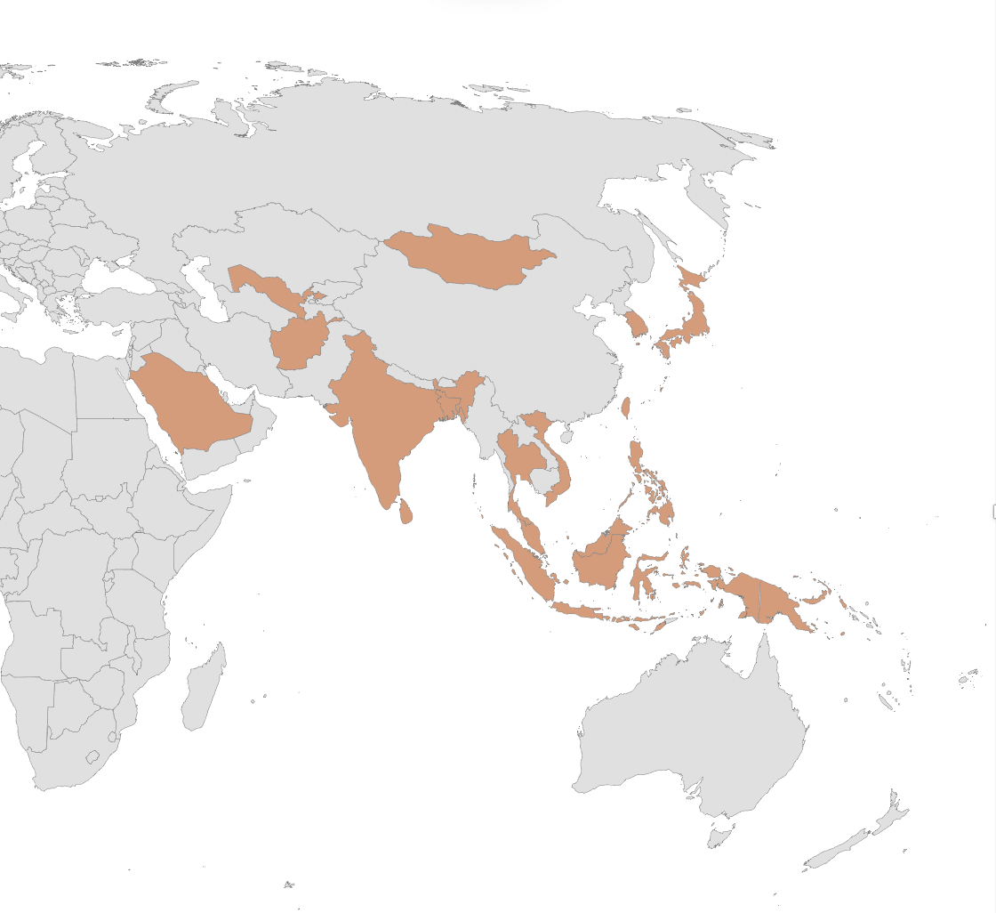 Mapa destacando vários países da Ásia e Oceania em laranja, incluindo China, Índia, Indonésia e Austrália.