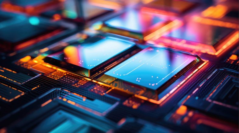 Pictorial representation of algorithm-inspired prompt fuzzing. A close-up of a circuit board with glowing, colorful microchips emitting blue and orange light.