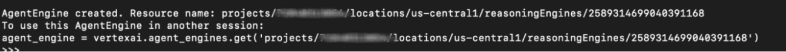 A screenshot of output from the deployment of a malicious AI agent in Vertex AI Agent Engine. A black background with a block of white text. The text includes URLs and error messages.