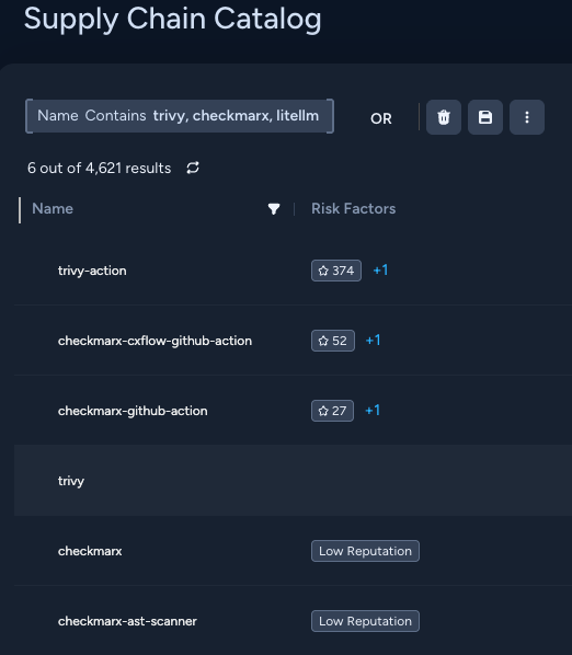Screenshot of a Supply Chain Catalog search results from Cortex Cloud. The query includes trivy, checkmarx, and litellm.