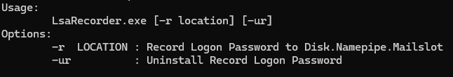 A code snippet showing a command line interface options for the LsaRecorder tool, highlighting its capability to capture a user’s logon password.