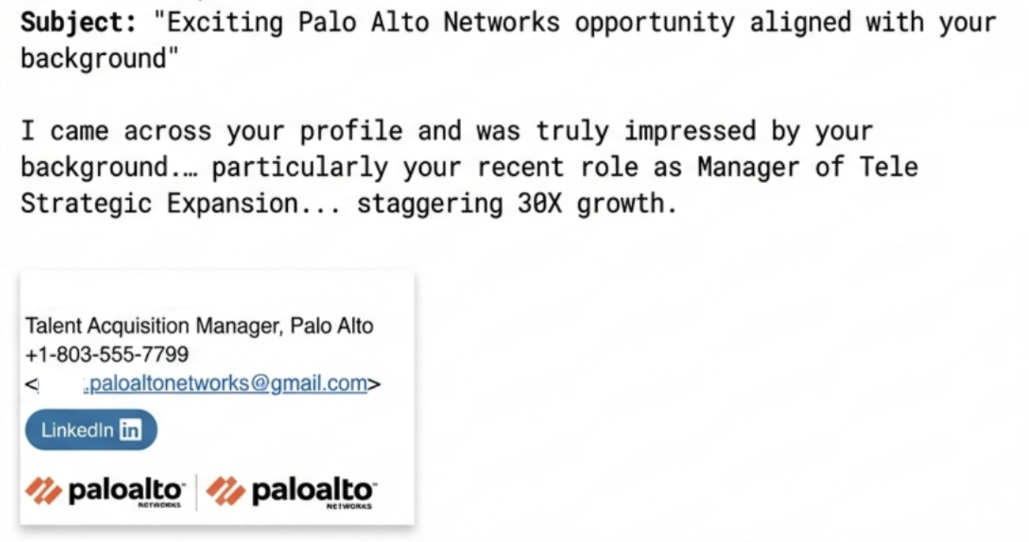 A screenshot of a phishing email discussing an opportunity with Palo Alto Networks, highlighting a background in Tele Strategic Expansion with notable 30X growth. Contact details include a phone number, email address, and LinkedIn. Palo Alto Networks logos are present.