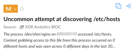 A screenshot of a Cortex XDR security alert flagging an uncommon attempt by the FRP tunneling tool to access sensitive files.
