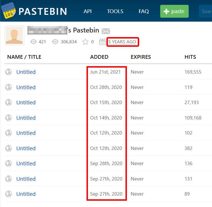 A screenshot of a Pastebin user page showing a list of posts. Each entry displays the title "Untitled," additional dates, expiration status as "Never," and varying hit counts. The profile shows the user joined five years ago. The "Pastebin" logo is visible at the top.