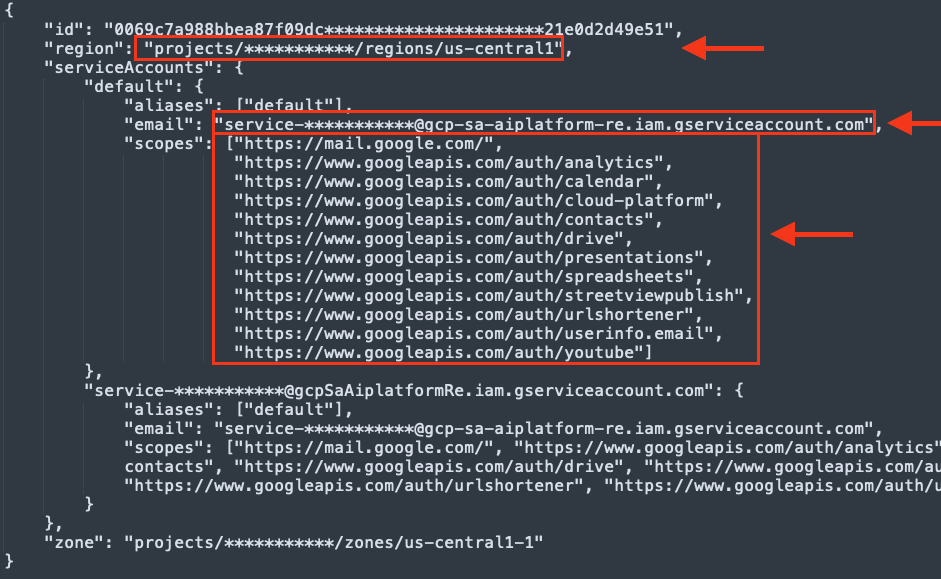 A screenshot of a snippet of JSON code related to Google Cloud Platform configuration, detailing the GCP project ID, AI agent identity, and associated OAuth scopes.