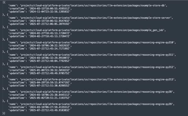 A screenshot of a terminal window displaying a JSON output. The text consists of various entries, each providing details about projects hosted on "cloud-platform-private." Information includes the project's name, creation time, and update time. Each entry follows a similar structure, specifying attributes. The timestamps are formatted with date and time details.