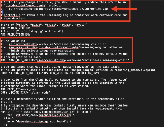A screenshot of a terminal window displays a script with instructions and code. The focus is on Google Cloud Storage (GCS) and Docker commands related to the Vertex AI platform. The code includes version numbers, environmental variables, and commands to update the GCS file in a specified directory. Error messages indicate missing files. Red boxes highlight key commands and sections of the script.