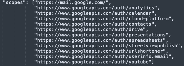 A screenshot of code snippet displaying a list of URLs related to various Google APIs, including Gmail, Analytics, Calendar, Drive, and YouTube.