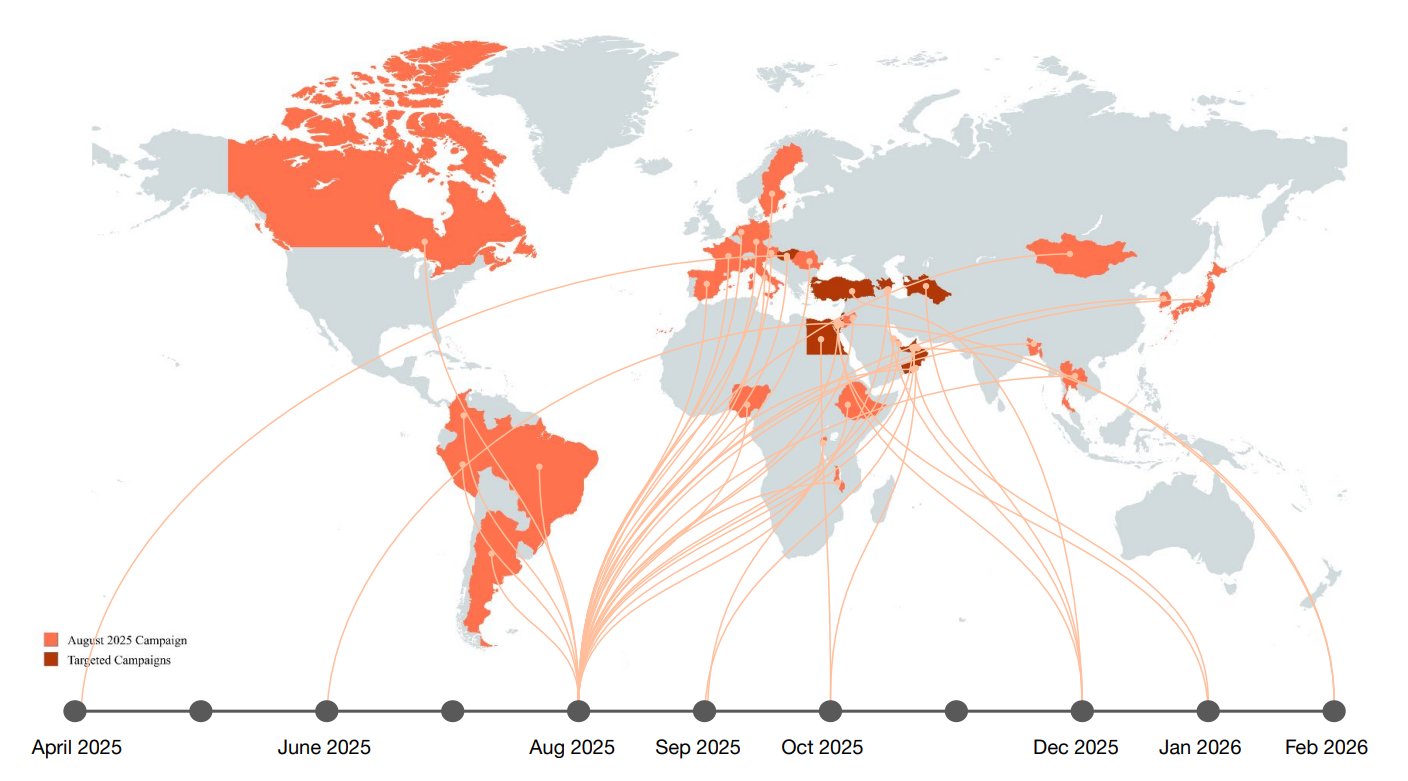 A world map visually represents Boggy Serpens' identified campaigns from April 2025 to February 2026. Regions targeted in the August 2025 campaign are highlighted in red, while other targeted campaigns are marked in orange. Lines illustrate global connections between affected areas.