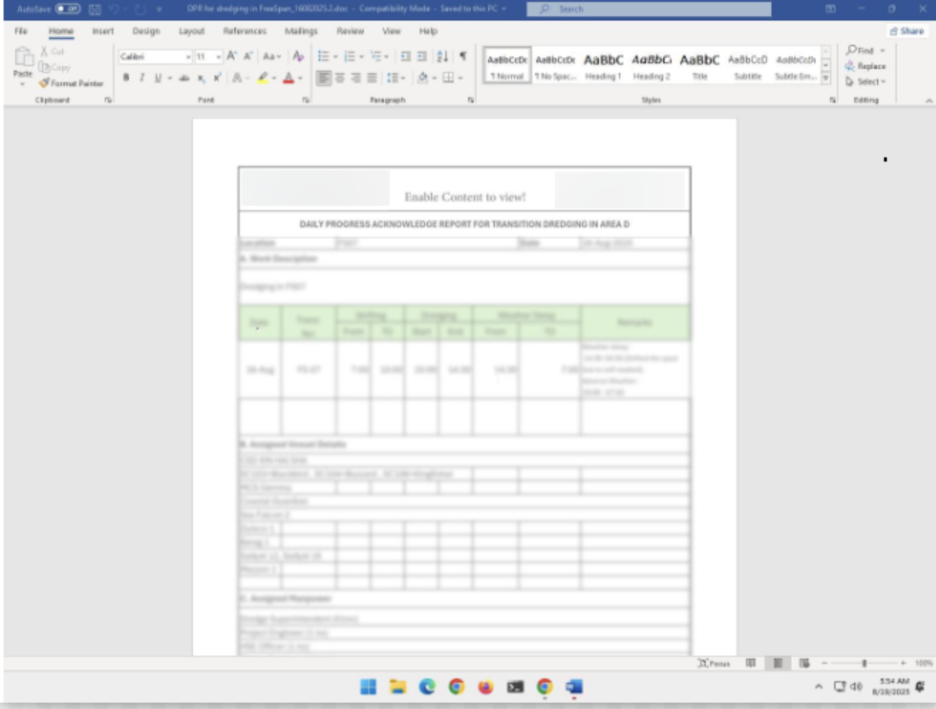 A computer screen displays a blurred Microsoft Word document, a lure from Boggy Serpens' Wave 1 campaign. The document, titled "Daily Progress Acknowledgment Report," is intentionally obscured to prompt users to enable malicious macros. The Word application interface and Windows taskbar are visible.