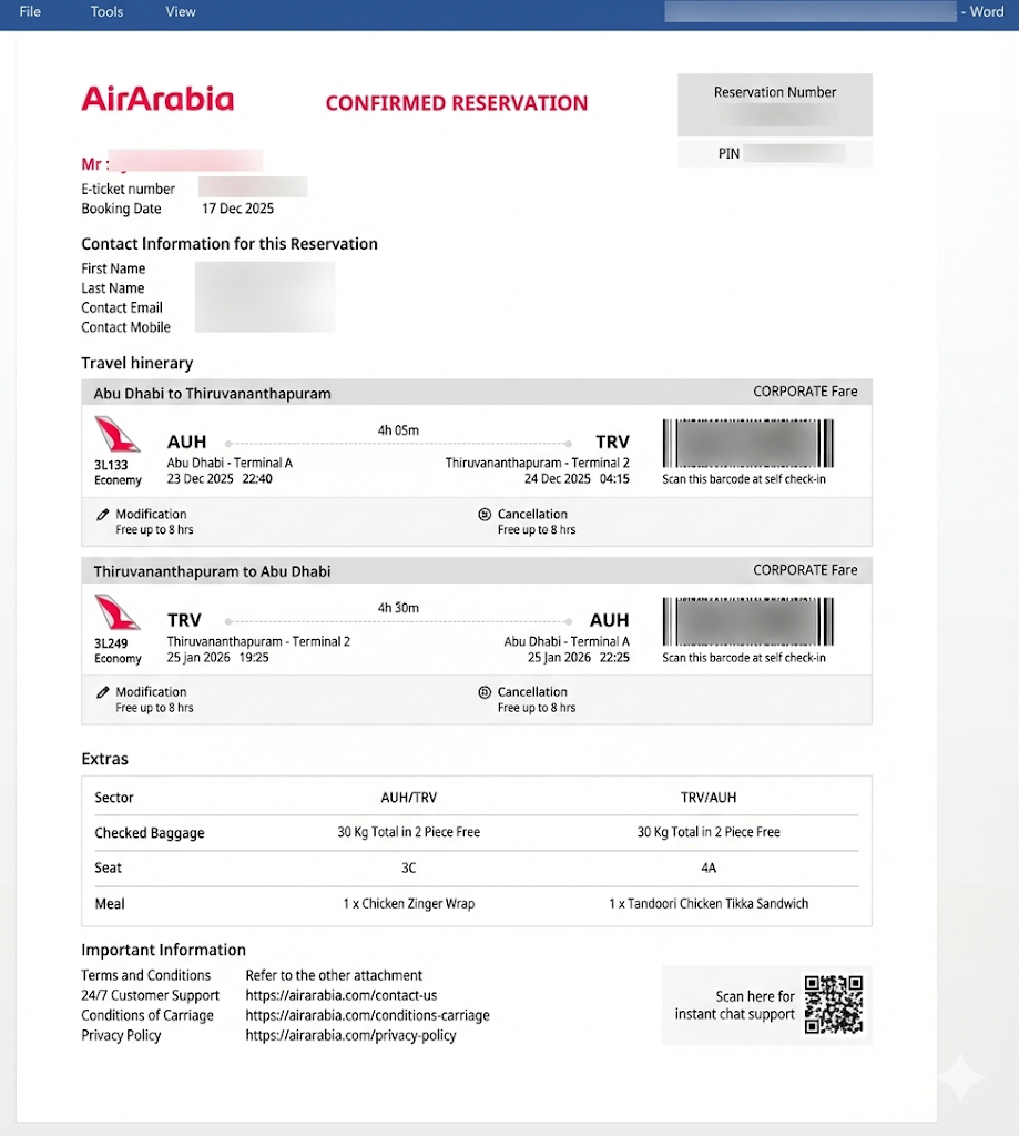 "A screenshot of a abricated AirArabia flight reservation confirmation, a lure from Boggy Serpens' Wave 3 campaign, displays details for a flight on 17 December 2025 from Abu Dhabi to Thiruvananthapuram. The document includes a reservation number, PIN, travel itinerary, fare type, baggage allowances, and contact information, designed to appear legitimate.