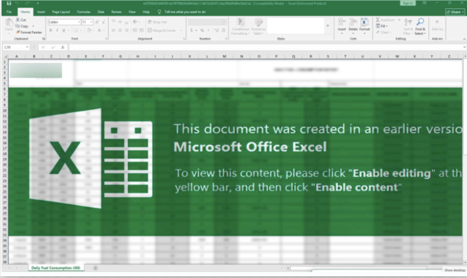 A screenshot of a Microsoft Excel window displays a notification indicating the document was created in an earlier version, a tactic employed by Boggy Serpens. The message instructs the user to click "Enable editing" and "Enable content," which would activate malicious macros. The Excel logo is visible.