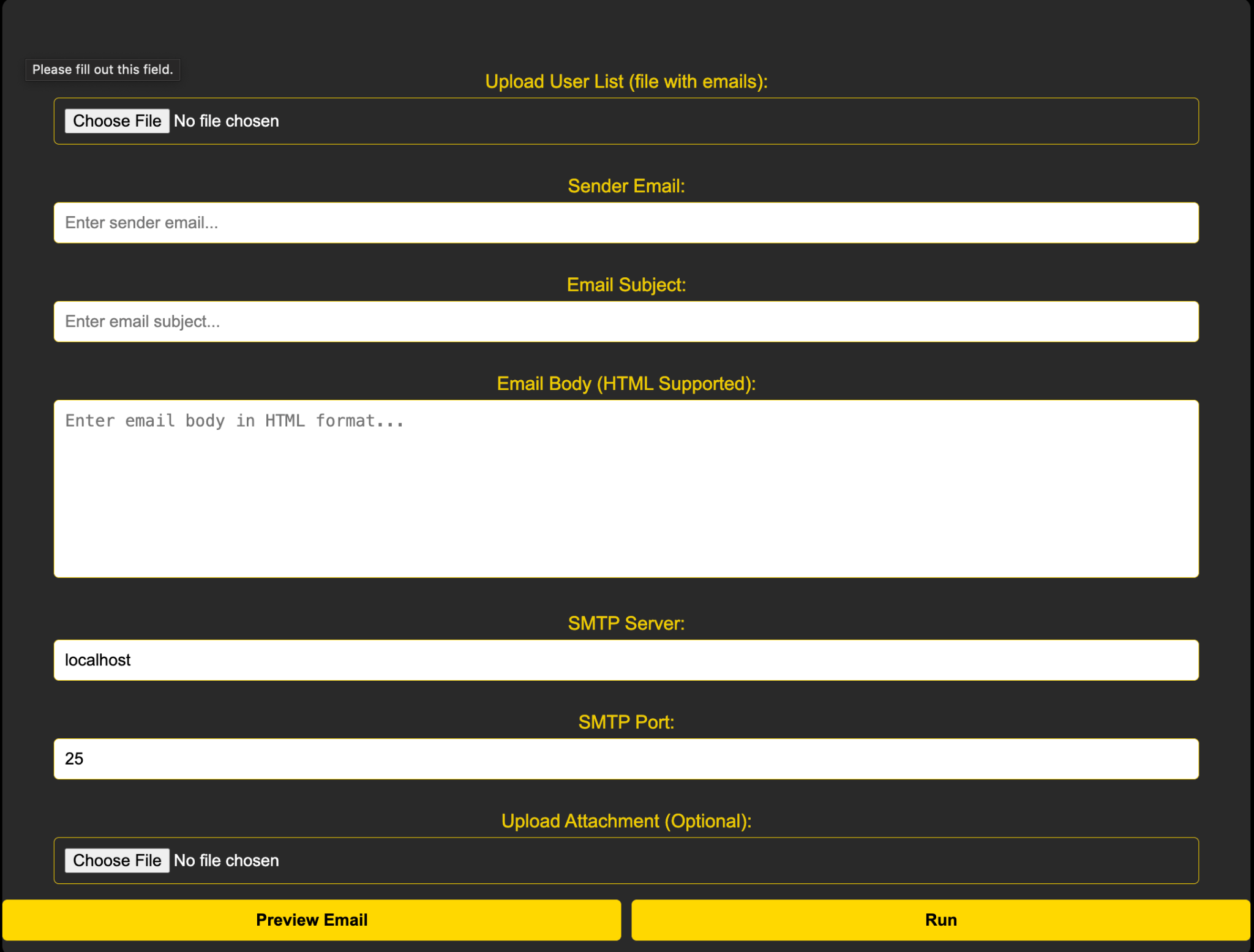 A user interface for a custom-built email delivery platform, utilized by Boggy Serpens, is displayed. The platform features input fields for uploading target email lists, customizing sender email, subject, and HTML email body, configuring SMTP server details, and attaching files. "Preview Email" and "Run" buttons are present.