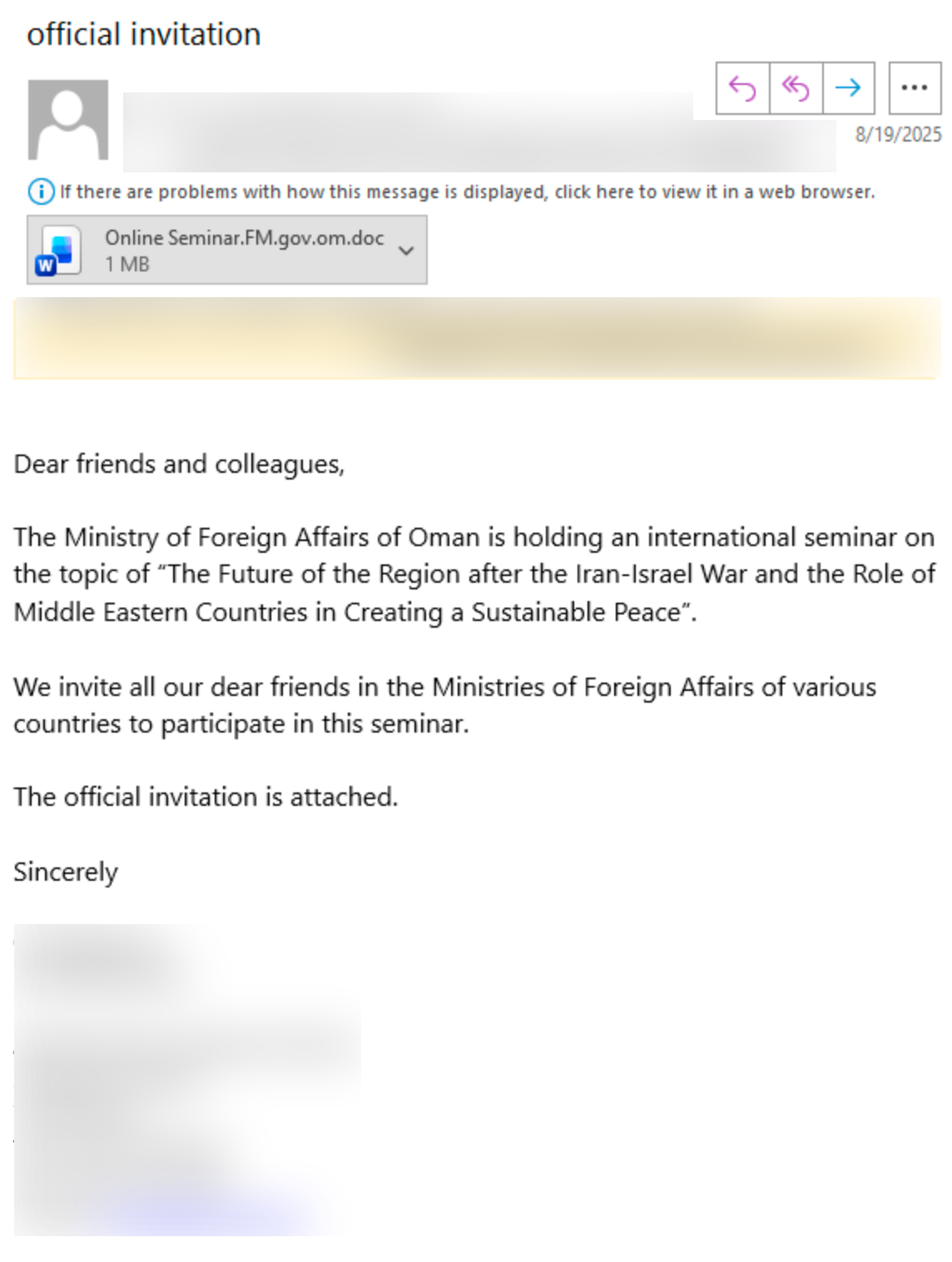 A screenshot of an email invitation letter from the Ministry of Foreign Affairs of Oman. The invitation is for an international seminar on the topic 'The Future of the Region after the Iran-Israel War and the Role of Middle Eastern Countries in Creating a Sustainable Peace'. The seminar invites participants from various Ministries of Foreign Affairs. The date and official invitation are included."