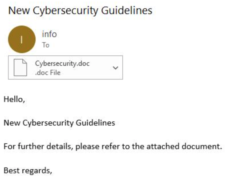 A screenshot of an email displaying the message title "New Cybersecurity Guidelines." An attachment named "Cybersecurity.doc" is included. The body of the email briefly mentions the guidelines and refers to the attachment for details, ending with "Best regards.