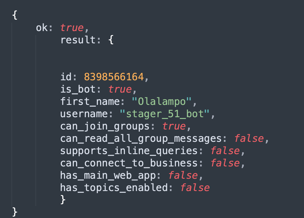 A screenshot of a code snippet displays the public profile configuration of the Telegram bot. The bot's capabilities include joining groups and reading all group messages, with inline queries and web app features disabled.